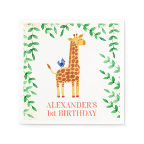 1st Birthday Cute Giraffe & Bird Whimsical Party Napkins