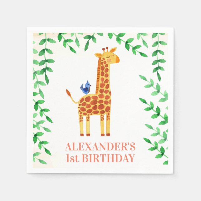 1st Birthday Cute Giraffe & Bird Whimsical Party Napkins (Front)