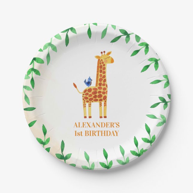 1st Birthday Cute Giraffe & Bird Whimsical Party Paper Plates (Front)