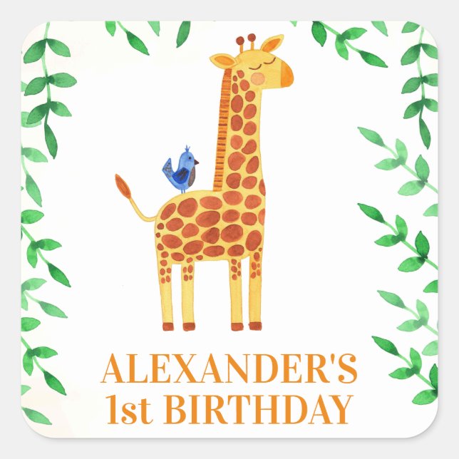 1st Birthday Cute Giraffe & Bird Whimsical Party Square Sticker (Front)