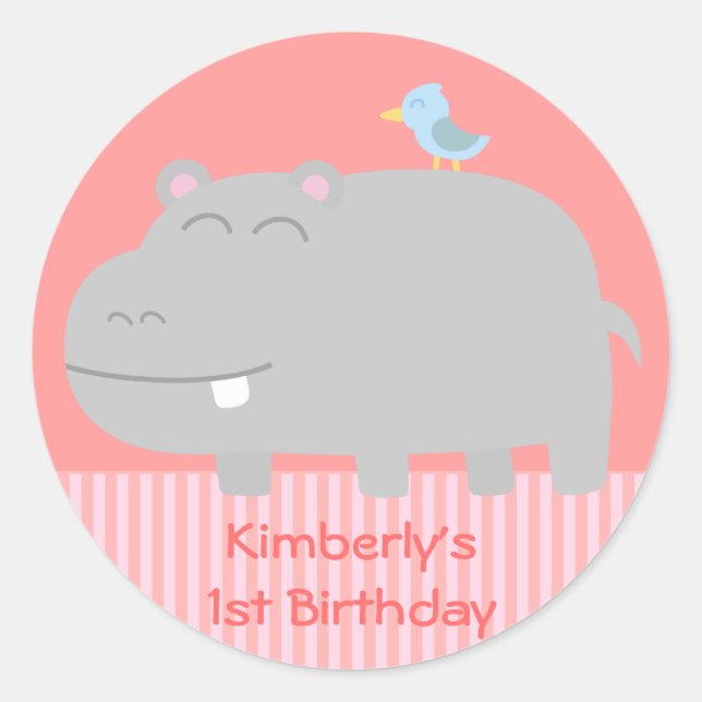 1st Birthday: Cute Hippo with Blue Bird Cartoon Classic Round Sticker (Front)