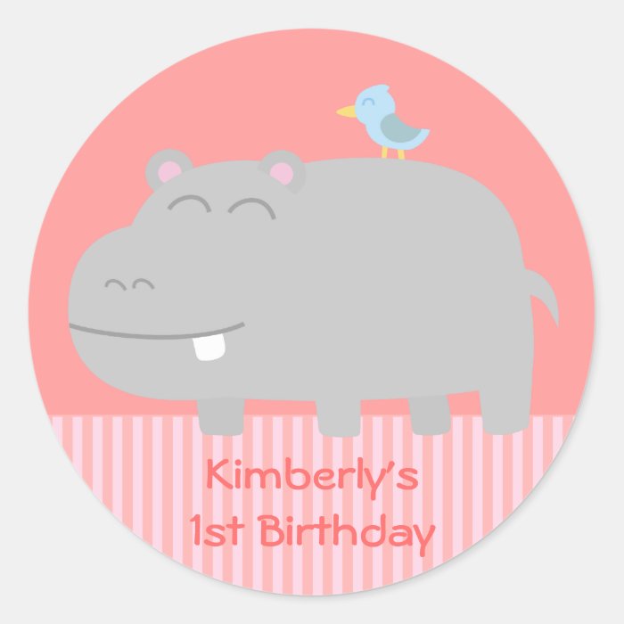 1st Birthday Cute Hippo with Blue Bird Cartoon Stickers