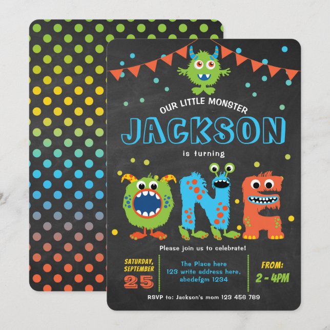 1st Birthday cute little monster party chalkboard  Invitation (Front/Back)