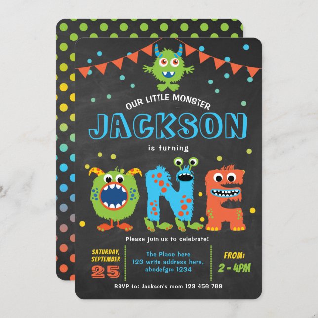 1st Birthday cute little monster party chalkboard  Invitation (Front/Back)