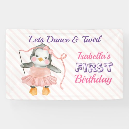 1st Birthday Cute Penguin Ballerina Pink Banner