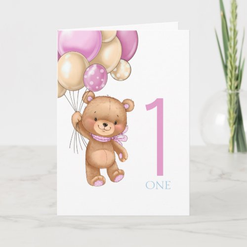 1st birthday cute pink balloons girl teddy card