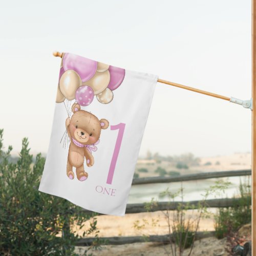 1st birthday cute pink balloons girl teddy flag