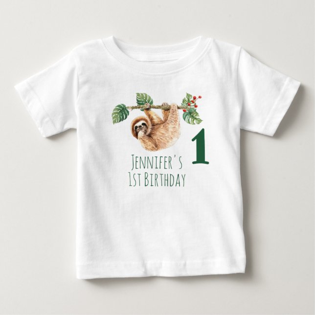 1st Birthday Cute Sloth Hanging Upside Down Baby T-Shirt (Front)