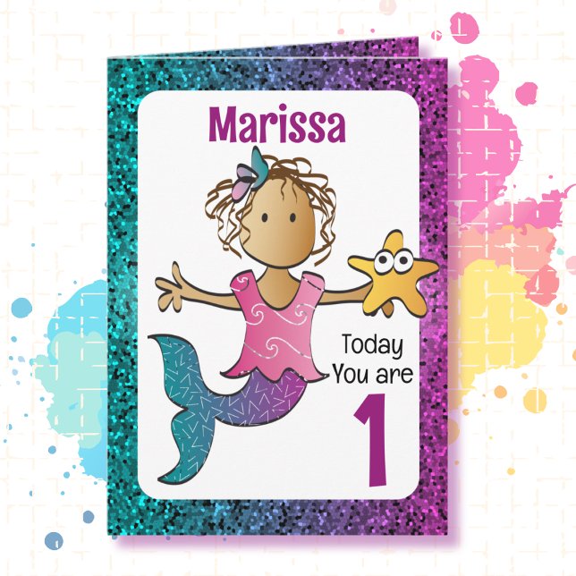 1st Birthday Cute Sweet Ethnic Mermaid Cartoon  Card (Creator Uploaded)