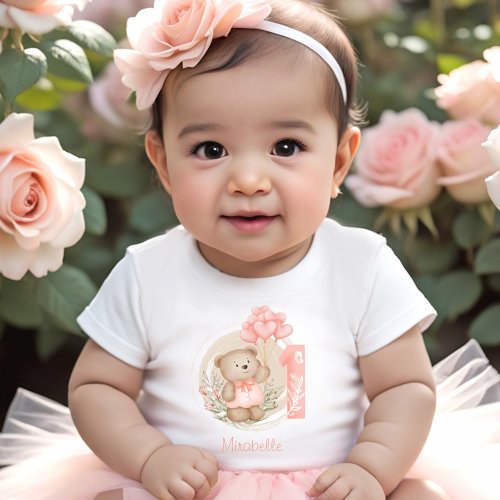 1st Birthday Cute Teddy Bear Girl Name Peachy Baby T_Shirt