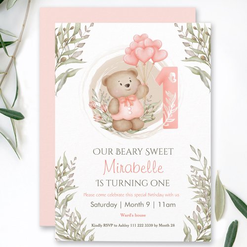 1st Birthday Cute Teddy Bear Peach Heart Balloons Invitation