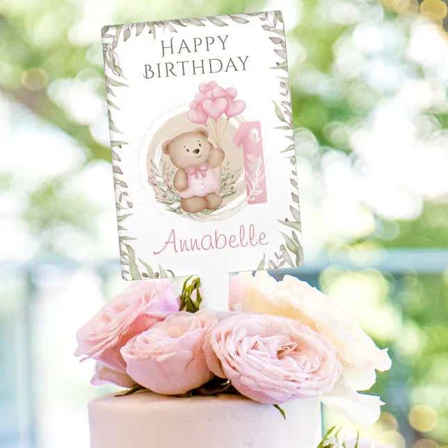 1st Birthday Cute Teddy Bear Pink Cake Topper | Zazzle