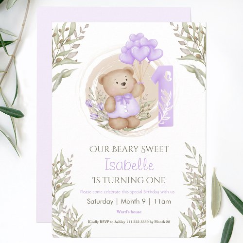 1st Birthday Cute Teddy Bear Purple Heart Balloons Invitation