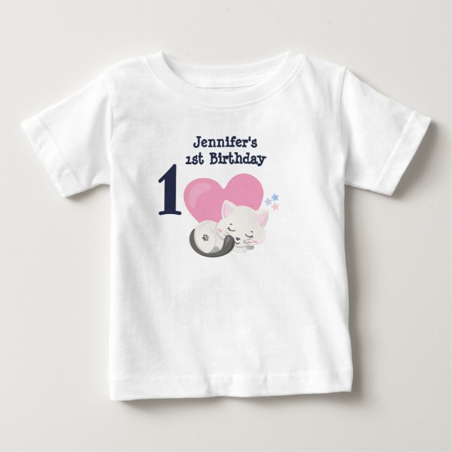 1st Birthday Cute White Kitty Cat Sleeping Baby T-Shirt (Front)