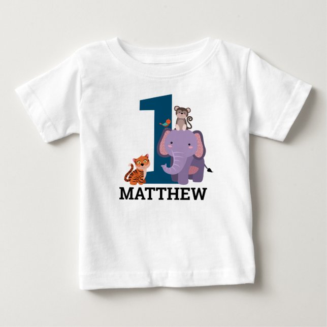 1st Birthday Dark Blue Jungle Animals Boy Baby T-Shirt (Front)
