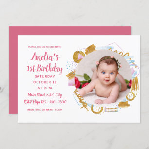 1st Birthday - Delicate Gold Spash Photo Frame Invitation