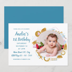 1st Birthday - Delicate Gold Spash Photo Frame Invitation