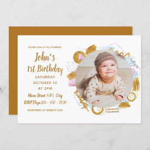 1st Birthday - Delicate Golden Photo Frame Invitation