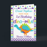 1st Birthday Dinosaur Dino-Mite Card<br><div class="desc">A fabulous colorful polka dot and chevron birthday card for your Grandson,  Great Grandson or Great Nephew. Bright purple,  teal,  green and orange make this a eye catching and fun design. The perfect way to wish someone a happy birthday.</div>