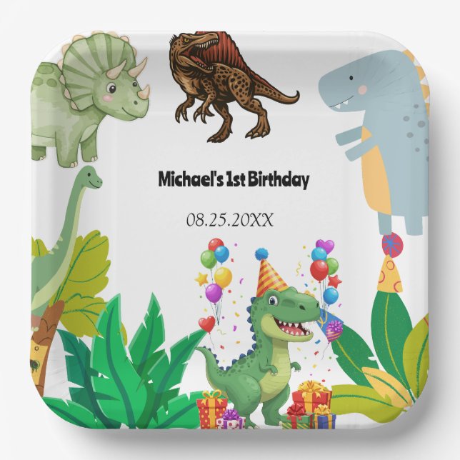 1st Birthday Dinosaur Minimal baby boy Paper Plates (Front)