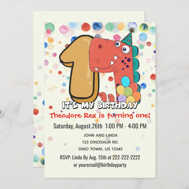 1st Birthday Dinosaur Party Custom Invitation (Front/Back)
