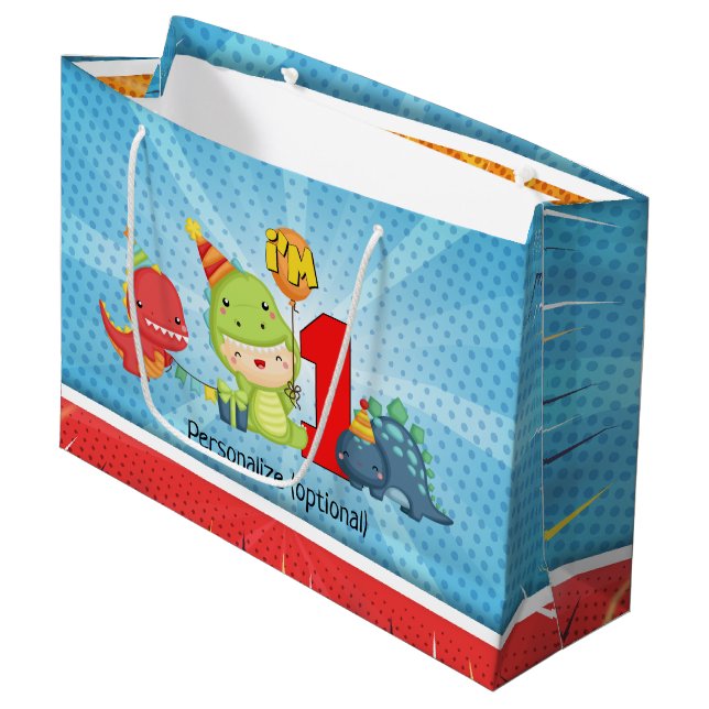 1st Birthday Dinosaur Party Custom Large Gift Bag (Front Angled)