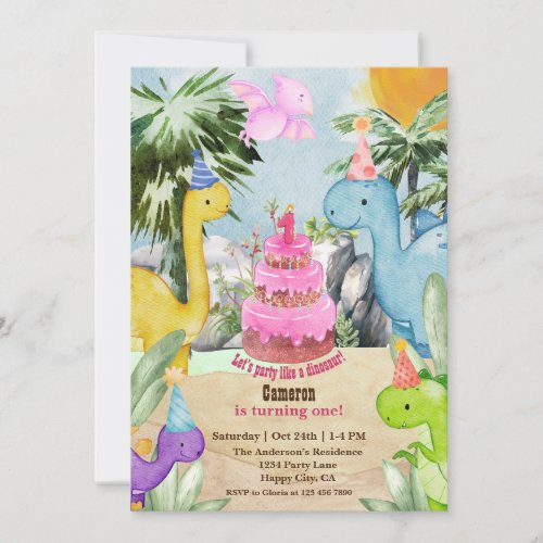 1st birthday Dinosaur party watercolor cute  Invitation