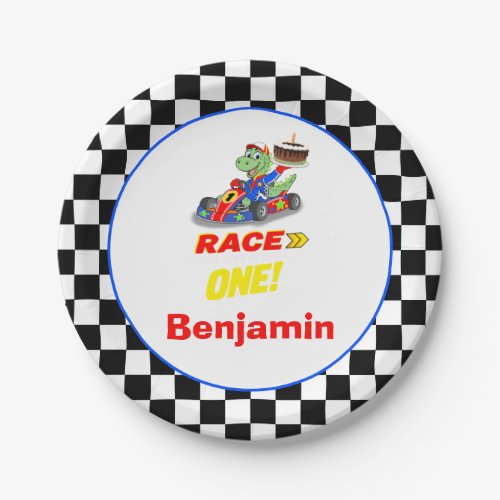 1st Birthday Dinosaur Race Car Ready Set Paper Plates