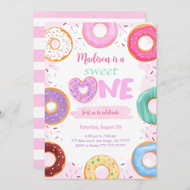 1st Birthday Donut Party Invitation (Front/Back)