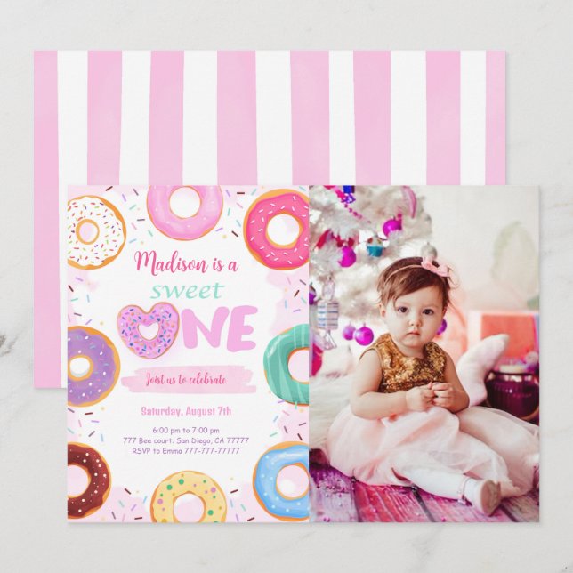 1st Birthday Donut Party Photo Invitation (Front/Back)