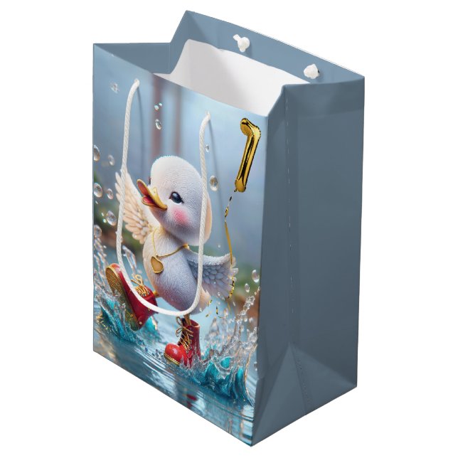 1st Birthday Duck Dancing In a Rain Puddle Medium Gift Bag (Front Angled)