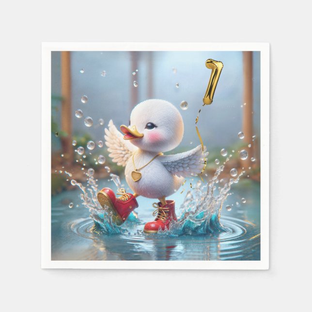 1st Birthday Duck Dancing In a Rain Puddle Napkins (Front)