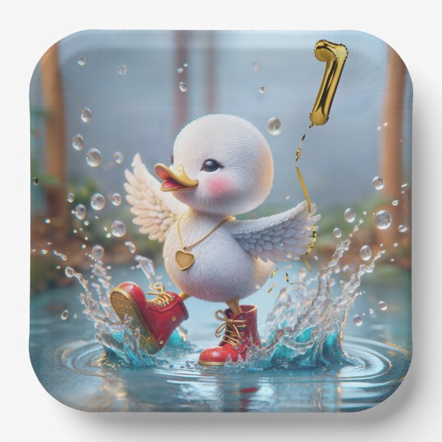 1st Birthday Duck Dancing In a Rain Puddle Paper Plates (Front)