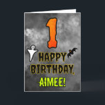 1st Birthday: Eerie Halloween Theme   Custom Name Card<br><div class="desc">The front of this scary and spooky Halloween themed birthday greeting card design features a large number “1”, along with the message “HAPPY BIRTHDAY, ”, and an editable name. There are also depictions of a bat and a ghost on the front. The inside features a custom birthday greeting message, or...</div>