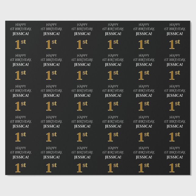 1st Birthday: Elegant, Black, Faux Gold Look Wrapping Paper (Flat)