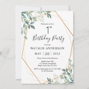 1st Birthday Elegant Eucalyptus Greenery and Gold Invitation