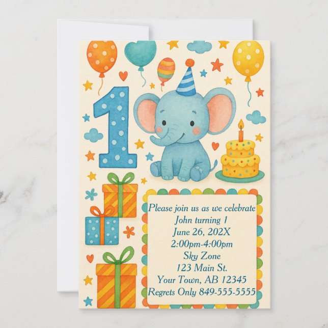 1st Birthday Elephant, Balloons, Cake, & Presents Invitation (Front)