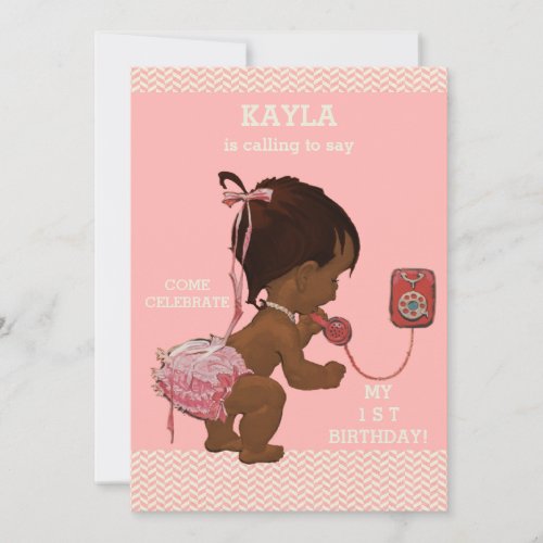 1st Birthday Ethnic Baby Girl on Phone Chevrons Invitation