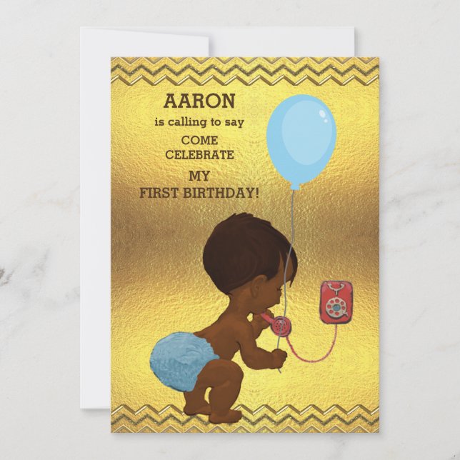 1st Birthday Ethnic Boy Phone Balloon Gold Chevron Invitation (Front)