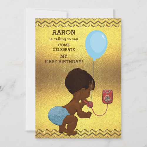 1st Birthday Ethnic Boy Phone Balloon Gold Chevron Invitation