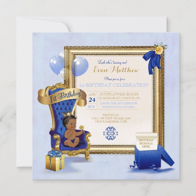1st Birthday Ethnic Boy Royal Blue Gold Photo Invitation (Front)