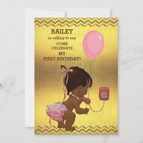 1st Birthday Ethnic Girl Balloon Gold Chevrons Invitation