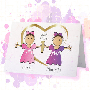 1st Birthday Ethnic Twin Girls Sweet Personalized Card