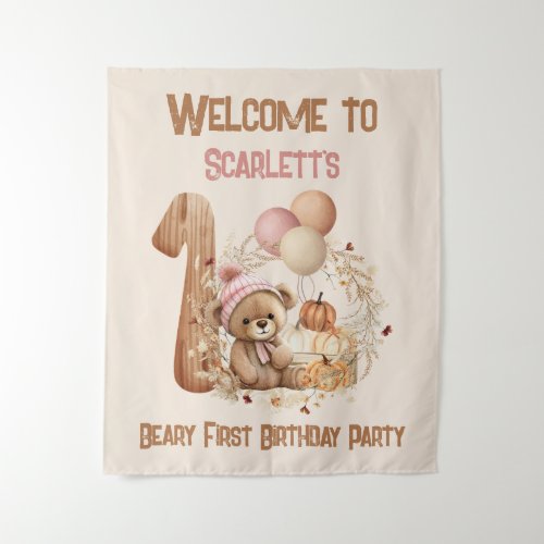 1st Birthday Fall Bear Girl Welcome Sign Tapestry
