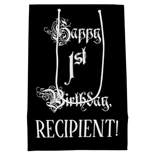 1st Birthday: Fancy, Elegant Script + Custom Name Medium Gift Bag (Back)