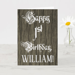 1st Birthday: Fancy, Elegant Text; Faux Wood Look Card