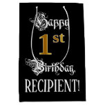 [ Thumbnail: 1st Birthday ~ Fancy Script; Faux Gold Look; Name Gift Bag ]
