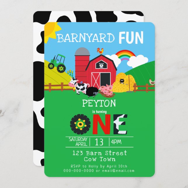 1st Birthday Farm Animals Barnyard Fun Kids Cute Invitation (Front/Back)