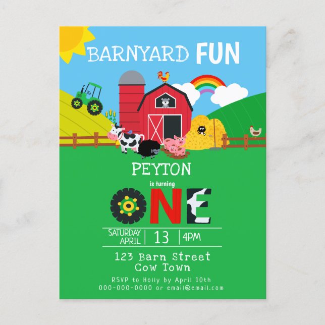 1st Birthday Farm Animals Barnyard Fun Kids Cute Invitation Postcard (Front)