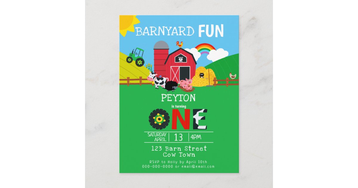 1st Birthday Farm Animals Barnyard Fun Kids Cute Invitation Postcard ...